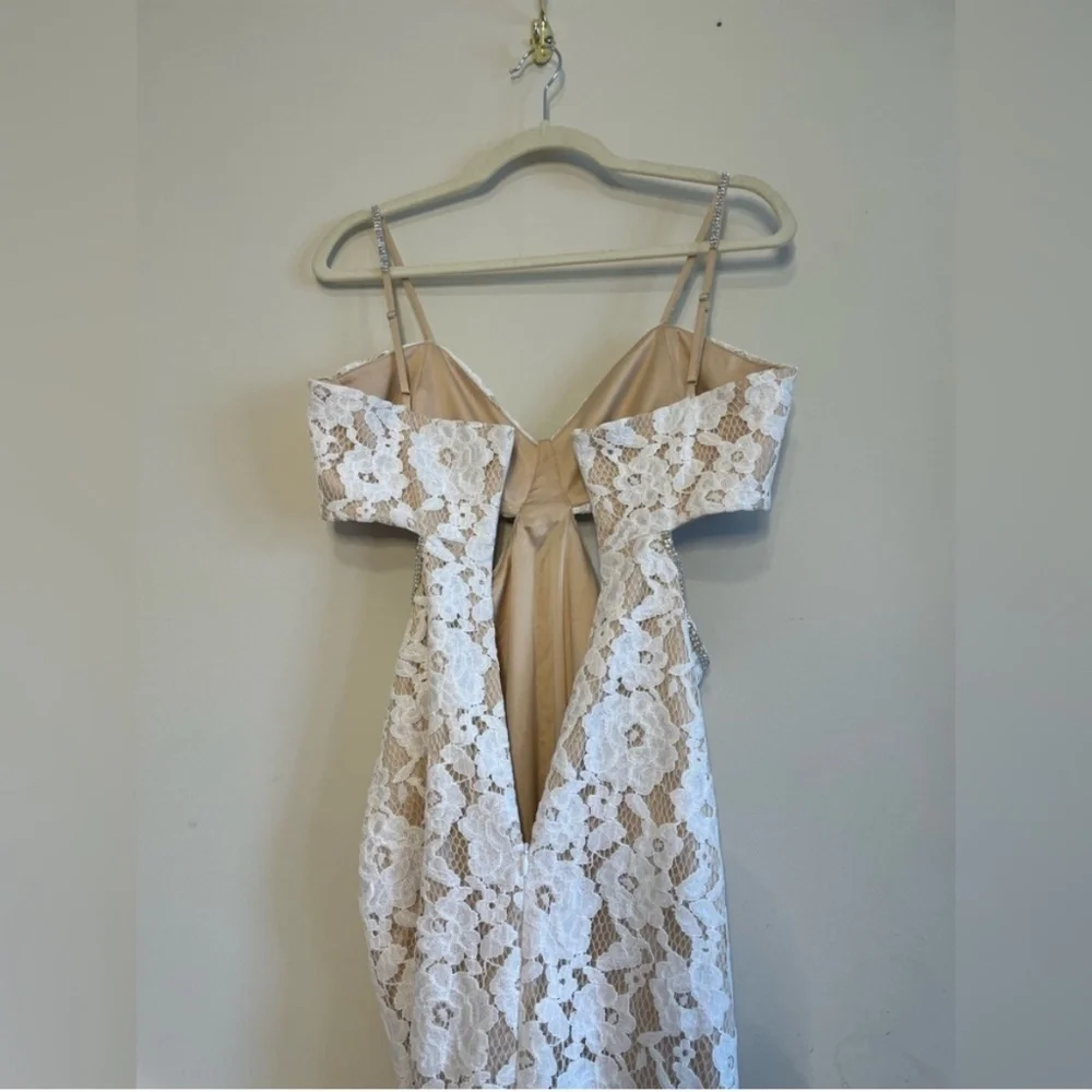 Likely Sarah Cutout Lace Feather Trim Maxi Dress